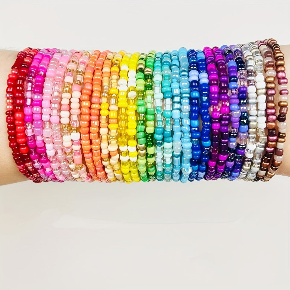 60-Pack Colorful Beaded Bracelets Bulk Set – Assorted Colors, Bohemian Stackable Stretch Bracelets for Women & Girls, Summer Beach Vacation Party Jewelry Accessories