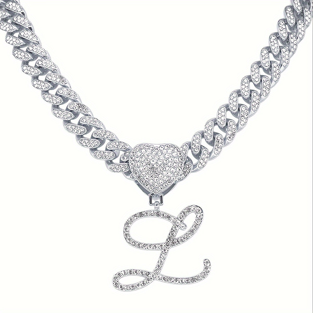 Initial Letter Necklace for Men & Women – Personalized A-Z Silver Cuban Chain with Heart Pendant, Hip Hop Style, 45cm / 17.71in, Perfect Gift for Sports Fans, Birthdays & Everyday Wear
