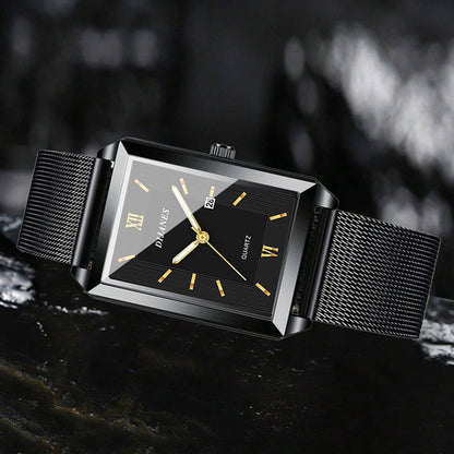 4pcs Men's Fashion Quartz Watch & Jewelry Set – Stainless Steel Strap Date Display Watch with Necklace Bracelet Ring, Business Casual Elegant Gift Set for Men in Gold Silver Black