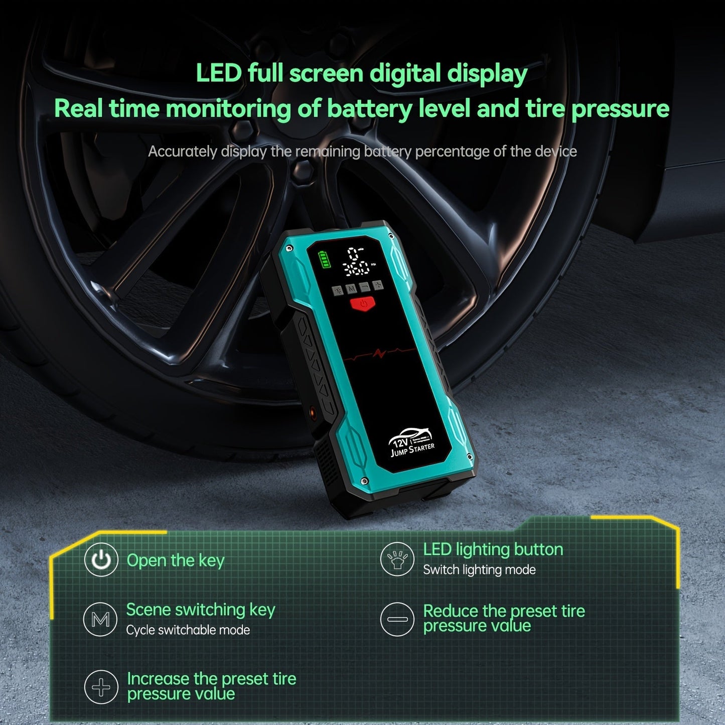 7000A Portable Jump Starter with Air Compressor – 5000A/7000A Peak Battery Pack with 150PSI Digital Tire Inflator, Fits 10L Gas & 2.38gal Diesel, Fast USB Charging & LED Emergency Light