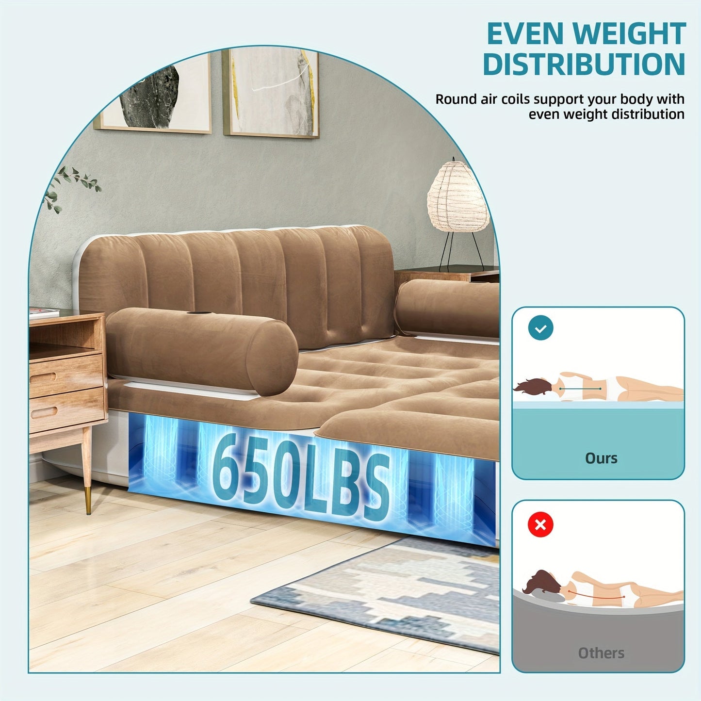 Inflatable Air Sofa Bed 2-in-1 Queen Size – Portable Blow Up Couch & Airbed with Headboard, Cup Holders, External Pump & Storage Bag, 440 lb Capacity for Home, Camping & Guests