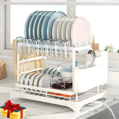 Two-Tier Dish Drying Rack with Drainboard – Metal Kitchen Dish Drainer for Counter, 2-Level Dish Holder for Plates, Cups, Bowls & Utensils, Black Gray White, Standard & Plus Size