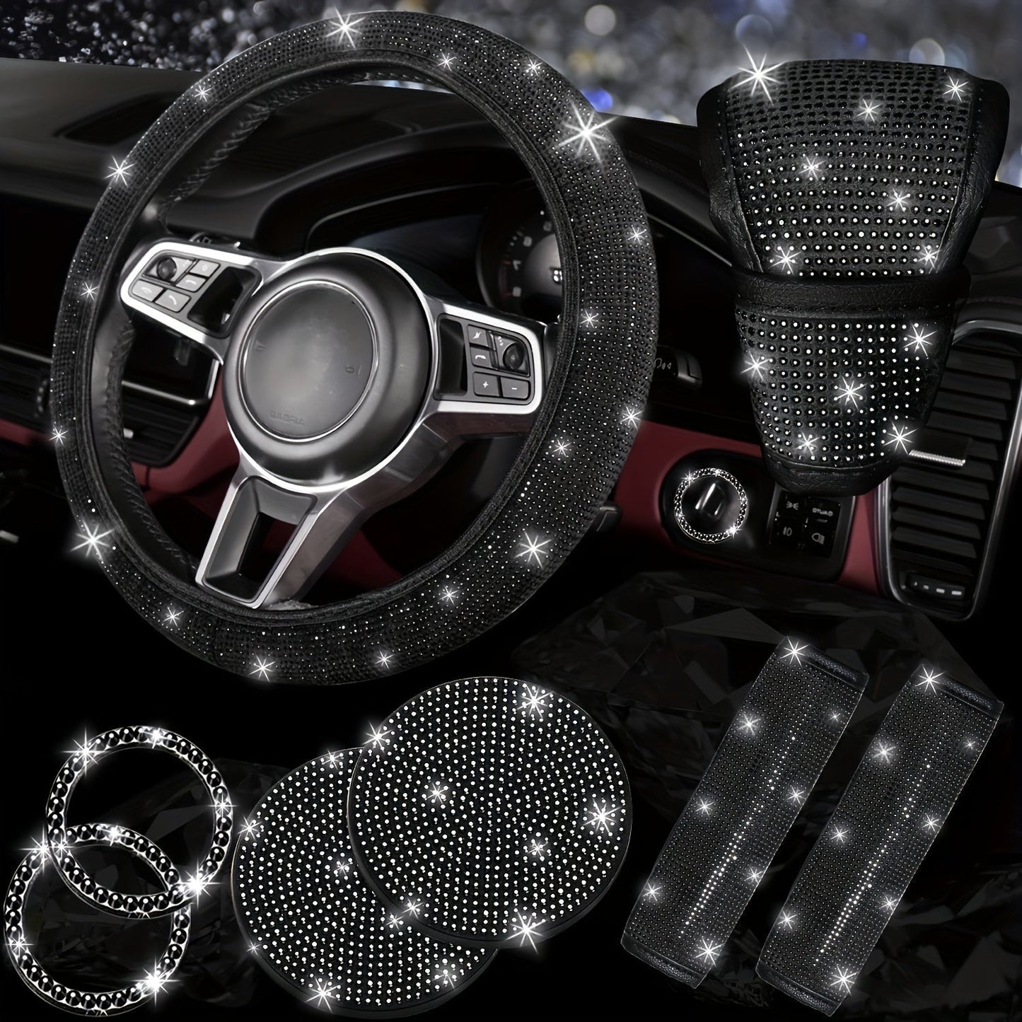 8pc Rhinestone Bling Car Accessories Set for Women – Steering Wheel Cover, Coasters, Seatbelt Pads, Starter Rings & Shift Knob Cover, 7 Colors, Sparkly Glitter Interior Kit