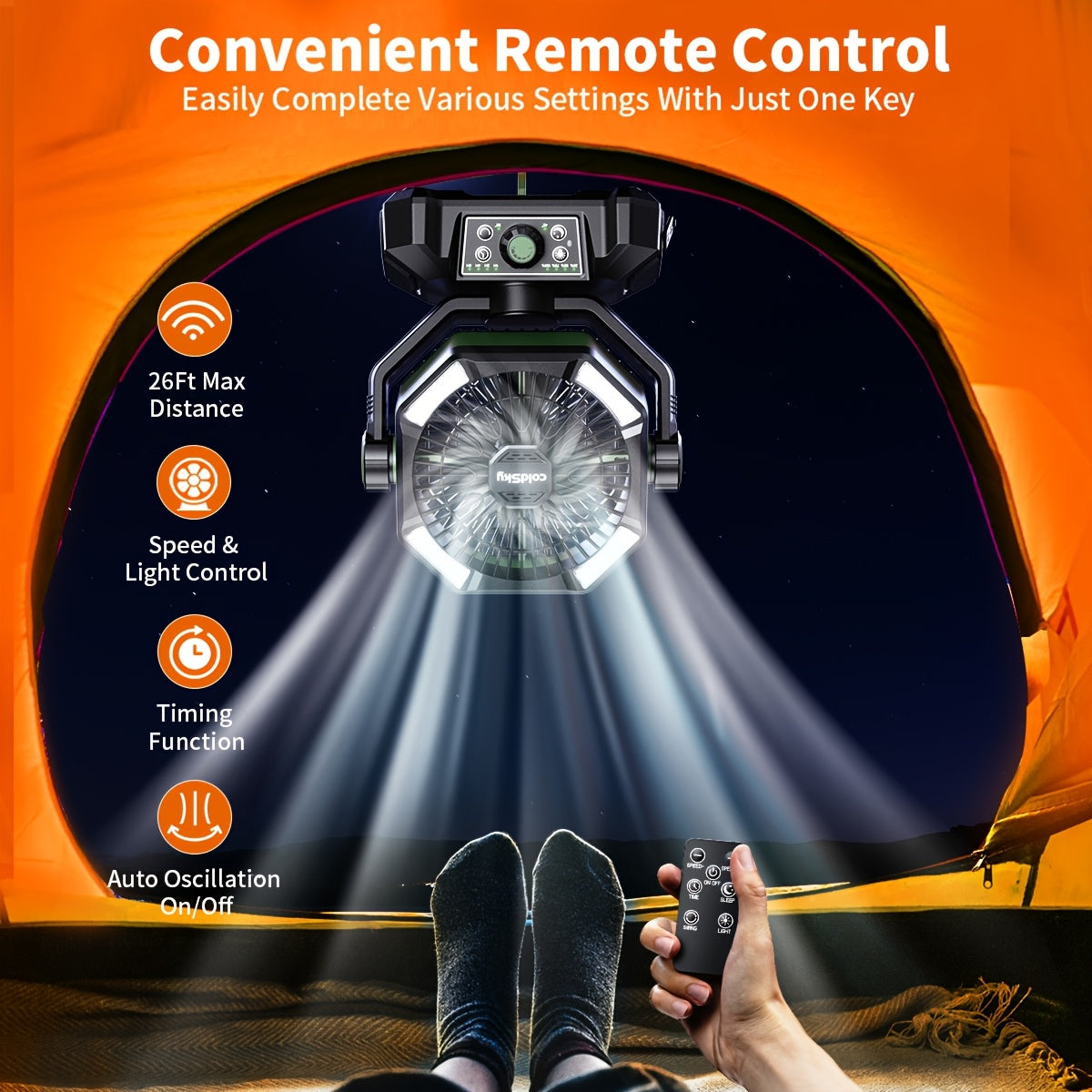 20000mAh Camping Fan with Dual Motor – Battery Operated Portable Fan with 4 LED Lantern Modes, 8 Speeds & Remote Control, Hanging Hook for Tent, Power Outages & Jobsite Use