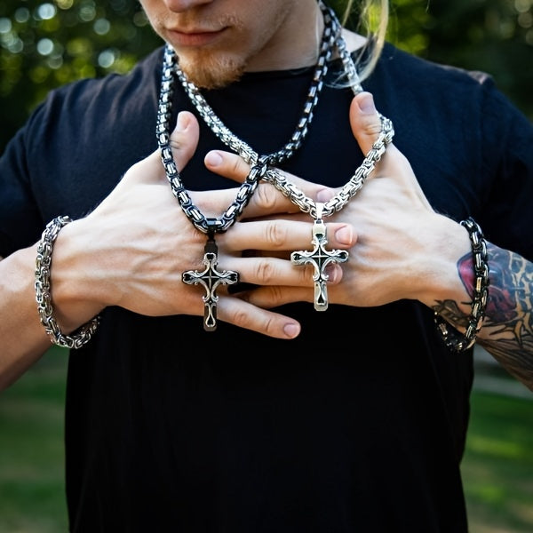 Men's Stainless Steel Cross Necklace Set 2pcs Cuban Chain with Cross Pendant Retro Hip Hop Fashion Jewelry for Men - Bold Statement Necklace Gift for Him Birthday Christmas