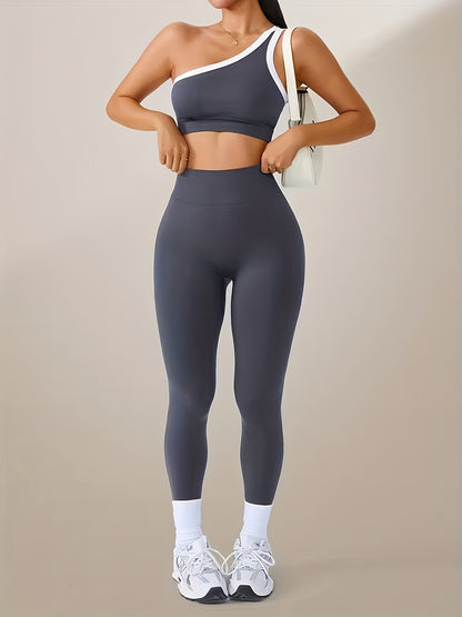 Women's 2-Piece High-Waisted Butt-Lifting Leggings & Sports Bra Set – 90% Polyamide Stretchy Minimalist Yoga Running Workout Outfit with Camisole Top, Solid Color, S-XL