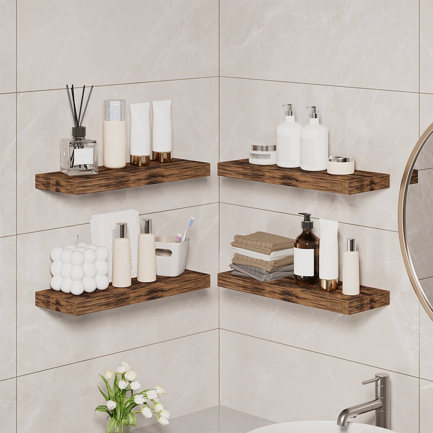 Floating Wall Shelves 15.8 Inch Rustic Finish with Invisible Brackets for Wall Decor Home Storage – 4 or 8 Pack in Rustic Brown Black Walnut