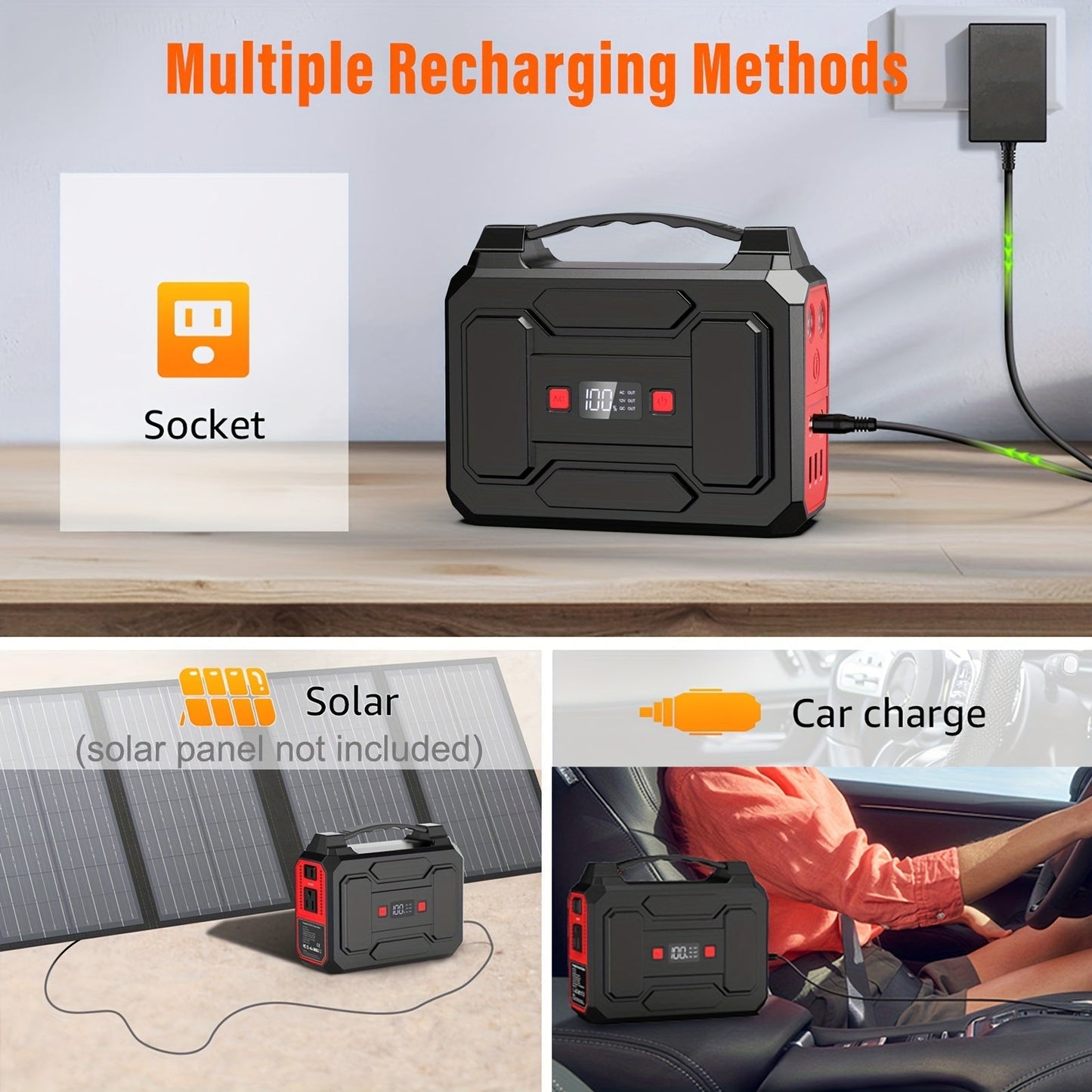 Portable Power Station 100W / 300W Solar Generator – AC Outlet, USB QC3.0, DC Port, LED Flashlight, High Capacity Battery Pack for Camping Hiking Road Trip CPAP Hurricane Emergency