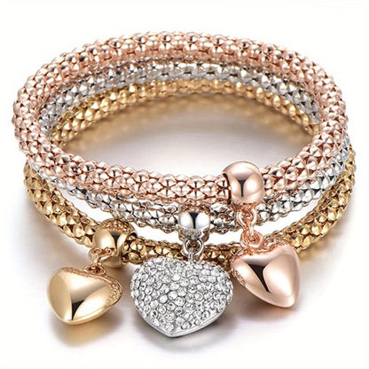 3PC Stainless Steel Stackable Bracelet Set for Women – Gold Silver Rose Gold Corn Chain & Heart Tree of Life Elastic Bracelet, Hypoallergenic Daily & Party Wear