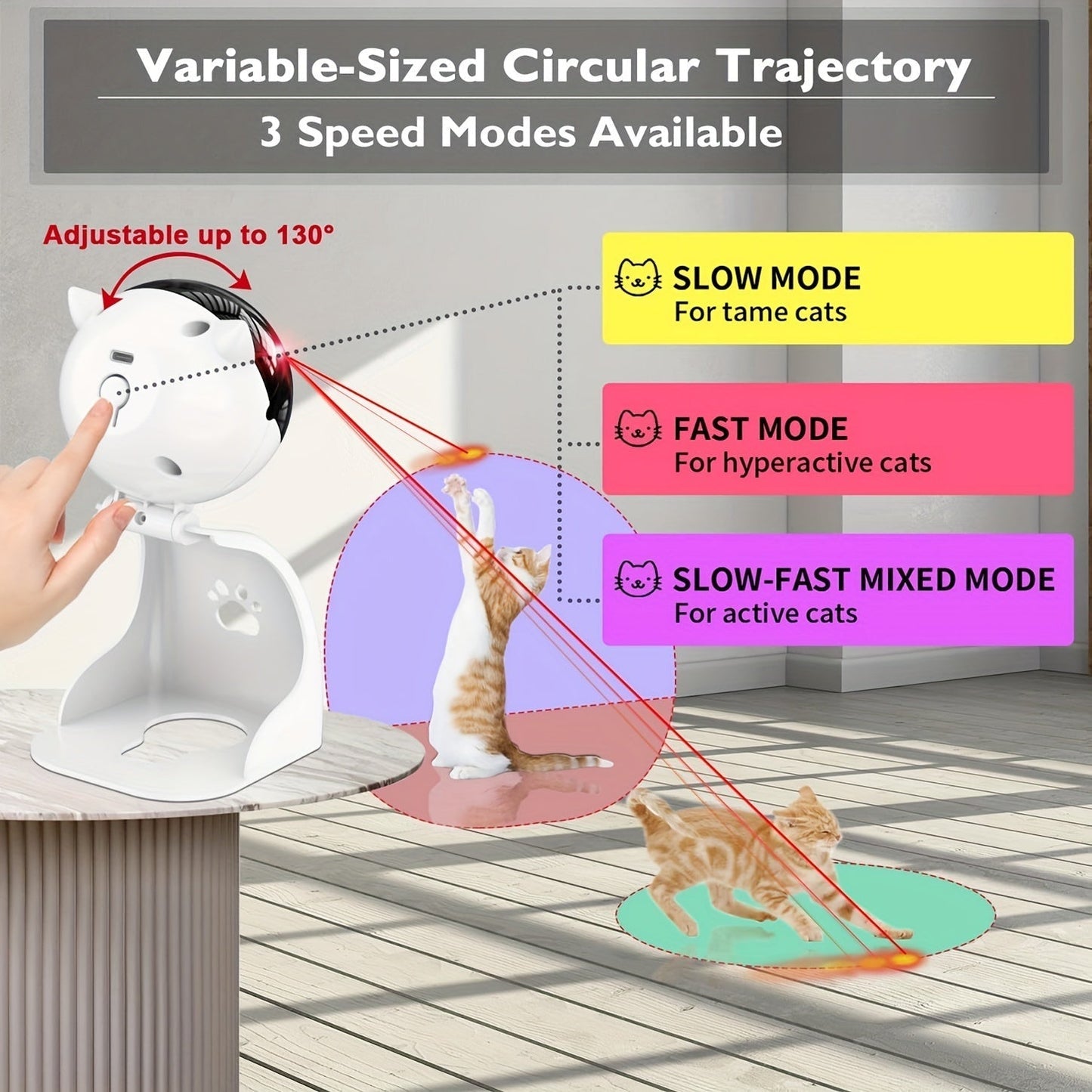 Automatic Laser Cat Toy USB Rechargeable – 3 Speed Modes, Hang or Place, 0–130° Adjustable Angle, 800mAh Battery, 15-Min Auto Shutoff, Interactive Laser Pointer for Indoor Cats Kittens Dogs