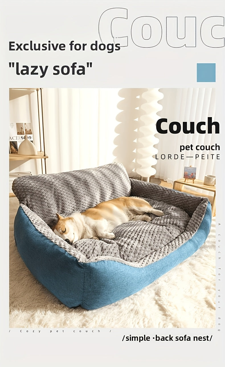 Luxury Plush Pet Sofa Bed with High Backrest – Thick Warm Washable Dog Bed for Large Medium Small Dogs & Cats, All-Season Comfort, Easy-Clean Cover, Sizes S L XL, Grey Blue