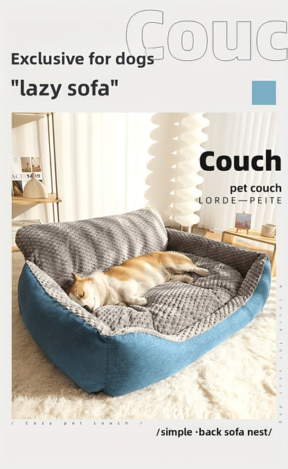 Luxury Plush Pet Sofa Bed with High Backrest – Thick Warm Washable Dog Bed for Large Medium Small Dogs & Cats, All-Season Comfort, Easy-Clean Cover, Sizes S L XL, Grey Blue