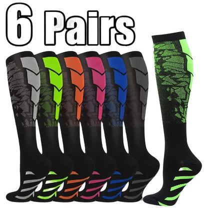 Compression Sports Socks 6 Pack Unisex Breathable Moisture-Wicking Polyester Knit Athletic Socks for Basketball Football Running Hiking Outdoor Sports – Sizes S/M & L/XL