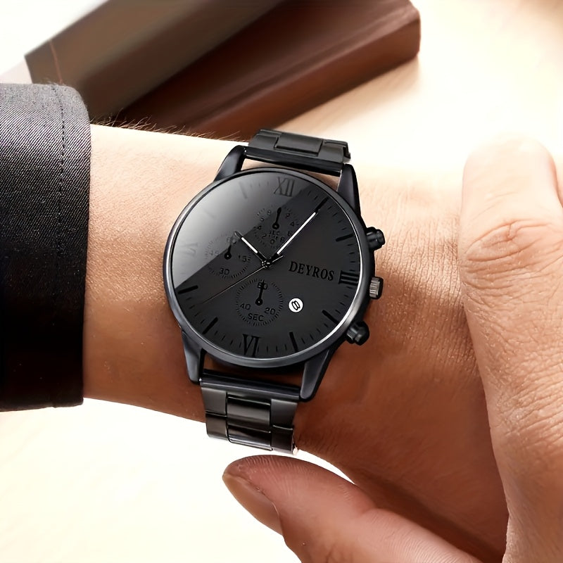 3pcs Men's Retro Stainless Steel Quartz Watch Set with Date Calendar – Round Analog & Digital Dual Display, Casual Dress Watches, Perfect Gift for Christmas, Valentine's Day & Birthdays