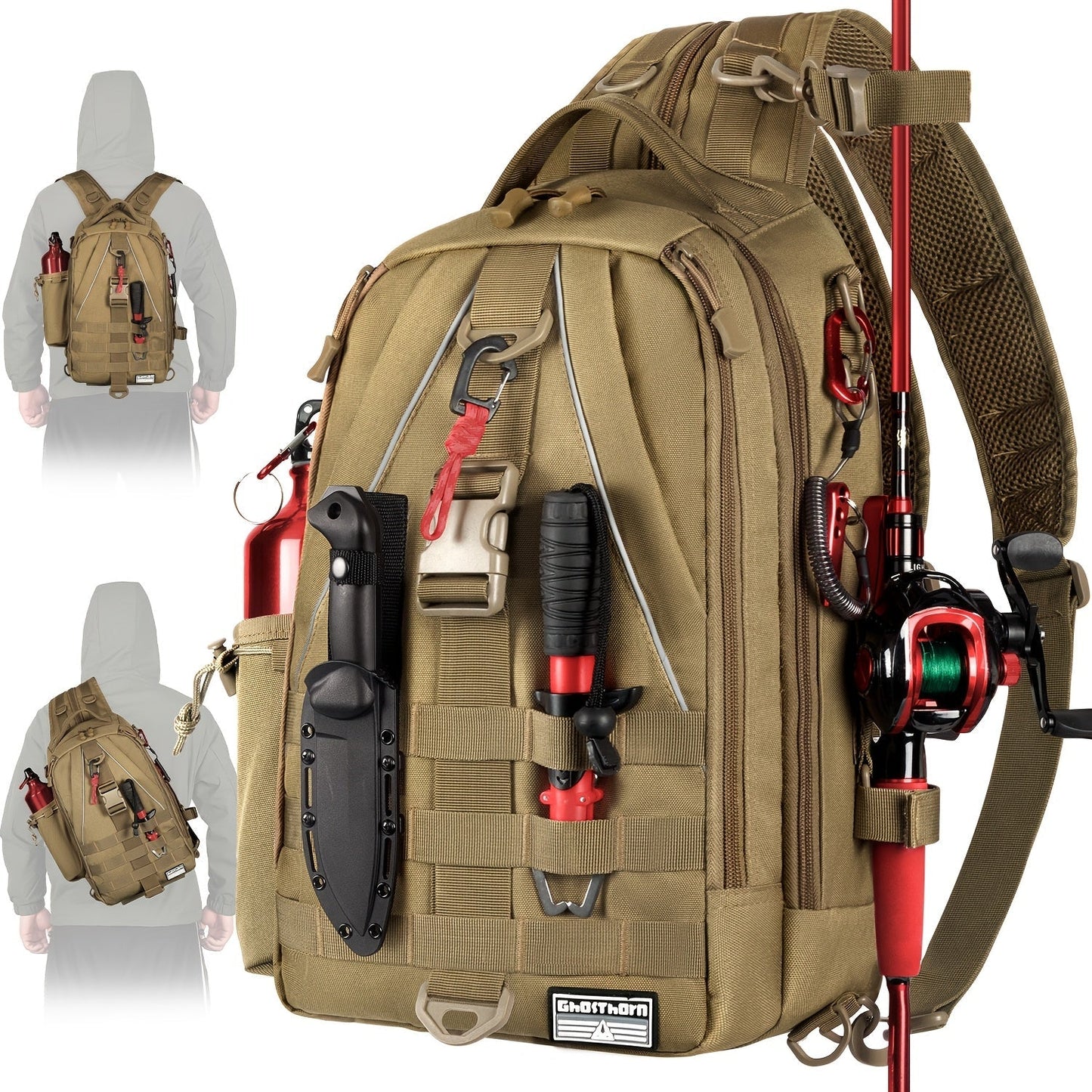 Fishing Backpack Tackle Sling Bag with Rod Holder – Waterproof Hiking Daypack Fly Fishing Bag for Men Women, Tackle Box Storage, Gift for Fisherman Dad