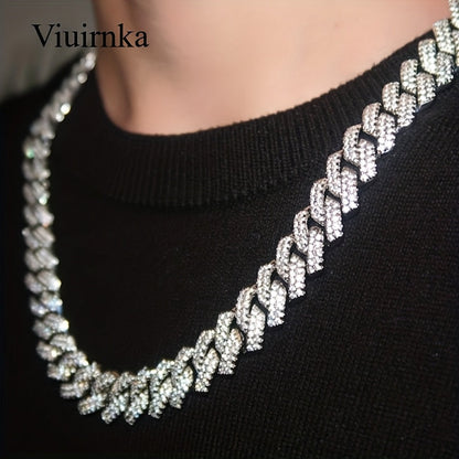 Men's Cuban Link Chain Necklace Hip Hop Style with Synthetic Gem Inlay – Silver & Gold Tone, 45cm / 50cm, Gift Box Included, Bold Statement Jewelry for Any Occasion