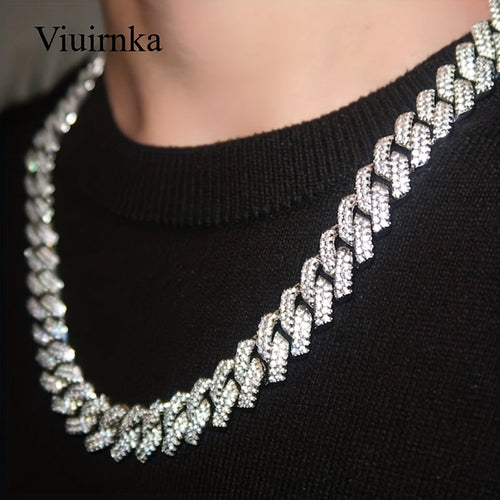 Men's Cuban Link Chain Necklace Hip Hop Style with Synthetic Gem Inlay – Silver & Gold Tone, 45cm / 50cm, Gift Box Included, Bold Statement Jewelry for Any Occasion