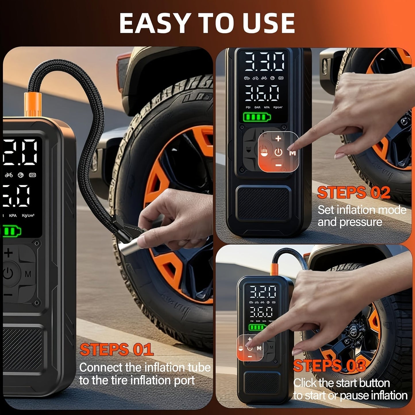 Portable Cordless Tire Inflator 160PSI Air Compressor with Digital Pressure Gauge LED Light 8X Faster Inflation for Car Motorcycle Bike Ball - Rechargeable Electric Air Pump