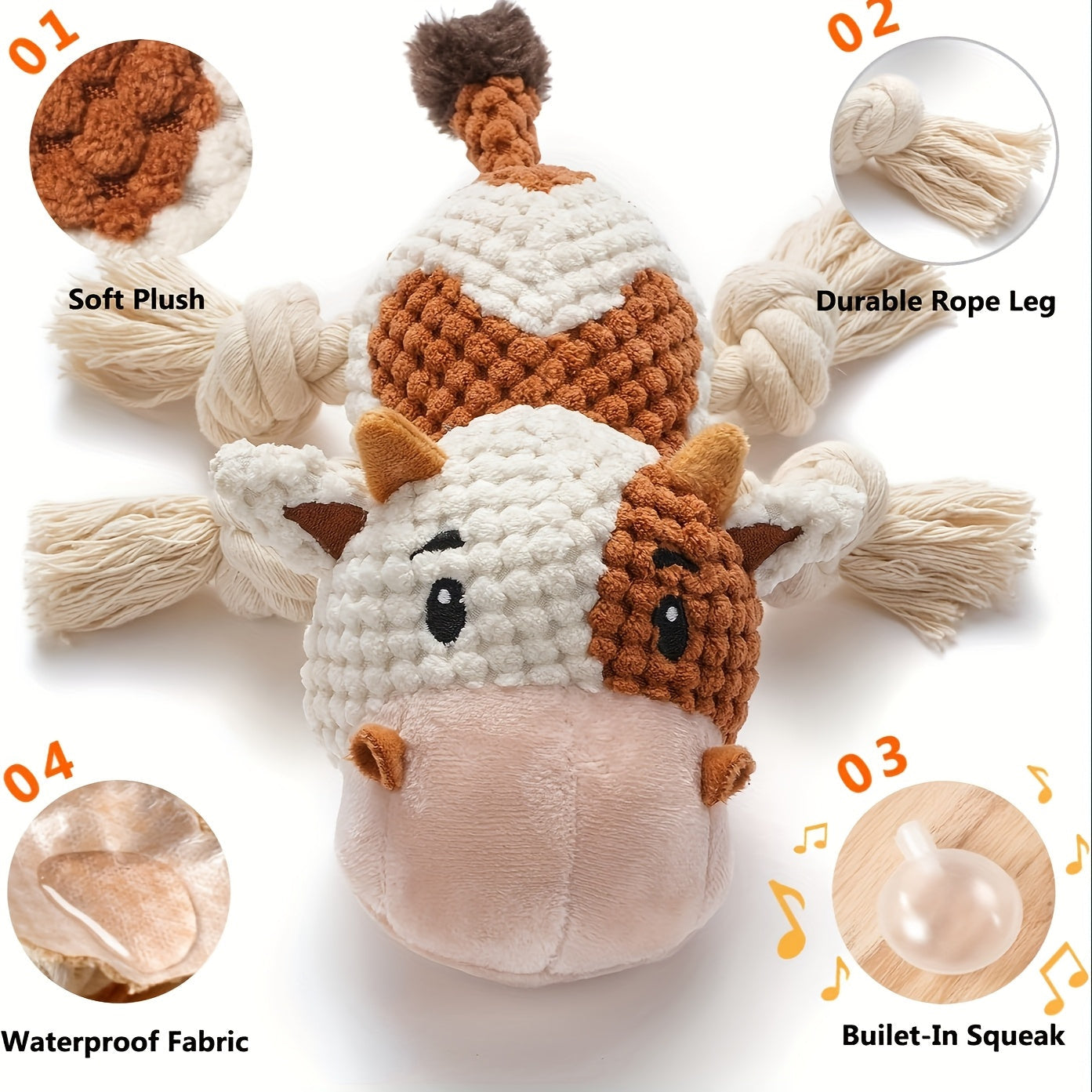 Squeaky Cow Dog Toy Plush Interactive Tug-of-War with Crinkle Paper, IQ Training Chew Toy for Small Medium Large Dogs, No Battery Needed, Anxiety Relief Pet Toy