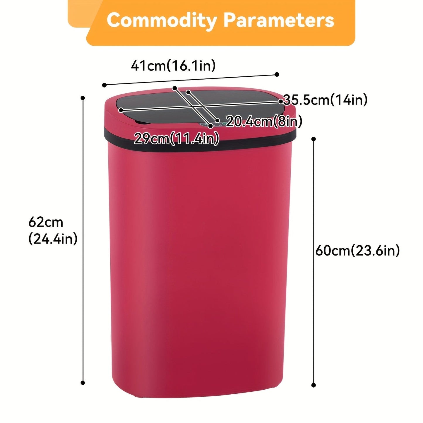 13 Gallon Touchless Trash Can 50L Automatic Motion Sensor Lid | Stainless Steel & Plastic Kitchen Waste Bin | Soft Close Hands-Free Garbage Can | Kitchen Office Bedroom | Black White Red Pink