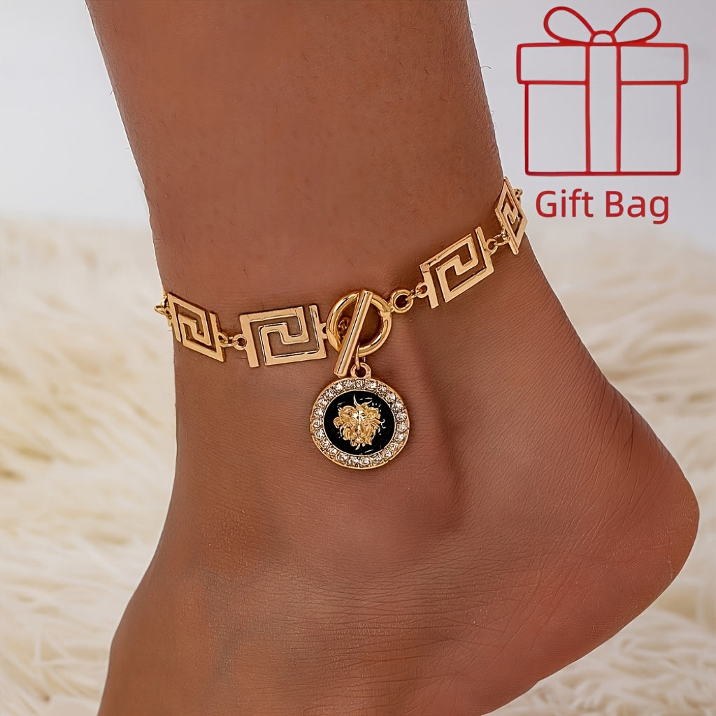 Gold Bohemian Lion Head Pendant Anklet for Women – Stainless Steel Black Ankle Chain Bracelet, Boho Beach Summer Foot Jewelry with Gift Bag, Casual Fashion Accessory for Daily Wear and Vacation