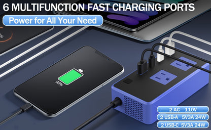 200W Car Power Inverter DC 12V to AC 110V with 24W USB-C & USB-A 4.8A Ports – Vehicle Outlet Adapter for Laptop, Camping, Travel & Road Trip Power Converter