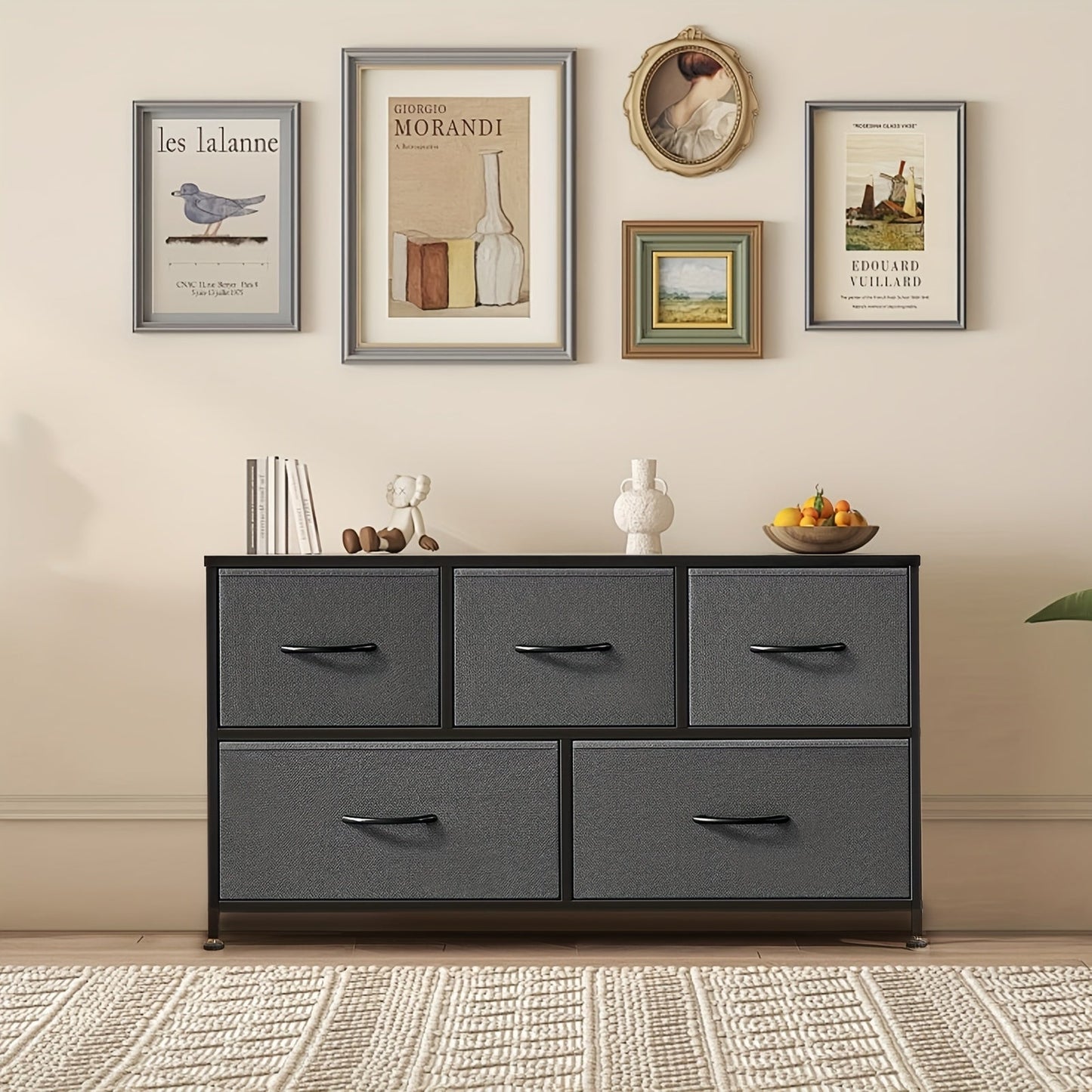 5-Drawer Lateral File Cabinet with Metal Frame & Wooden Top – Industrial Office Storage Organizer, 3 Upper + 2 Lower Drawers, Open Storage, Fits TV up to 45” – Black & Grey