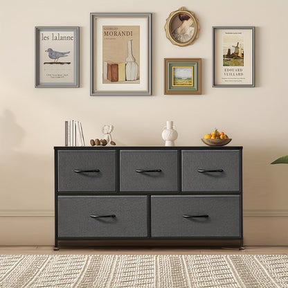 5-Drawer Lateral File Cabinet with Metal Frame & Wooden Top – Industrial Office Storage Organizer, 3 Upper + 2 Lower Drawers, Open Storage, Fits TV up to 45” – Black & Grey