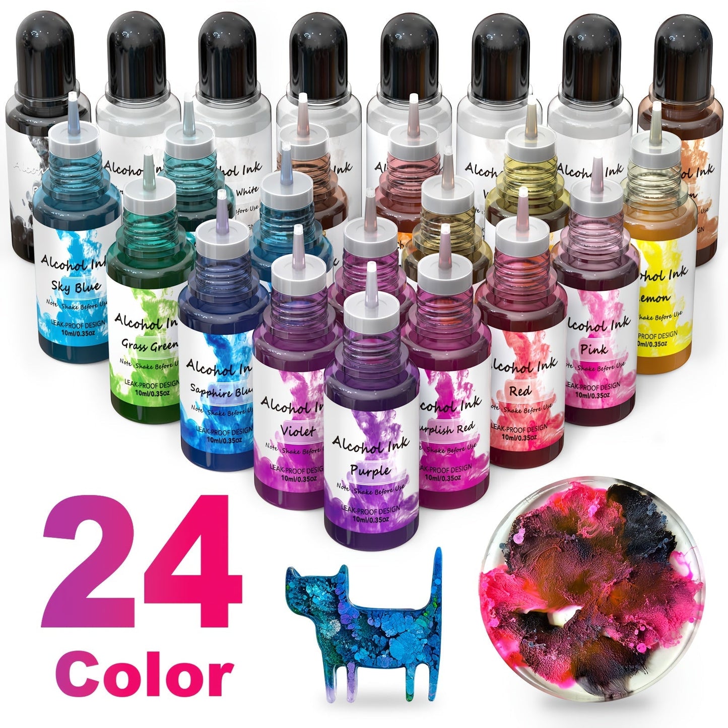 Alcohol Ink Set 24 Colors 10ml – High-Concentration Resin Dye for Epoxy Resin Art, Tumblers, Coasters, Fluid Painting & Crafts, Fast-Drying Acid-Free Pigment