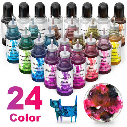 Alcohol Ink Set 24 Colors 10ml – High-Concentration Resin Dye for Epoxy Resin Art, Tumblers, Coasters, Fluid Painting & Crafts, Fast-Drying Acid-Free Pigment