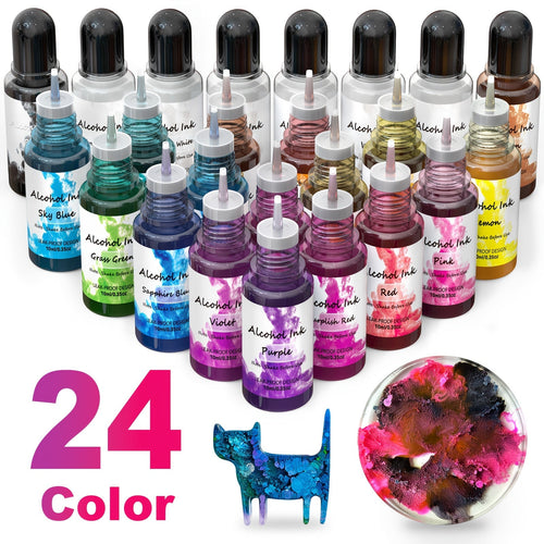 Alcohol Ink Set 24 Colors 10ml – High-Concentration Resin Dye for Epoxy Resin Art, Tumblers, Coasters, Fluid Painting & Crafts, Fast-Drying Acid-Free Pigment