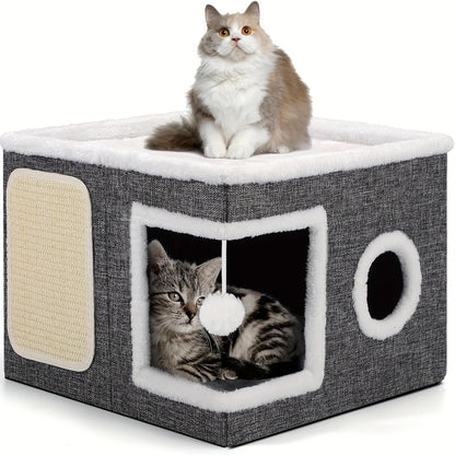 Foldable 2-Tier Cat House with Scratching Post, Plush Hanging Ball & Tunnel – Indoor Cat Cube Bed, Nylon Frame Canvas Construction, Space-Saving 16.5x16.5x13 Inch Design for Small Spaces