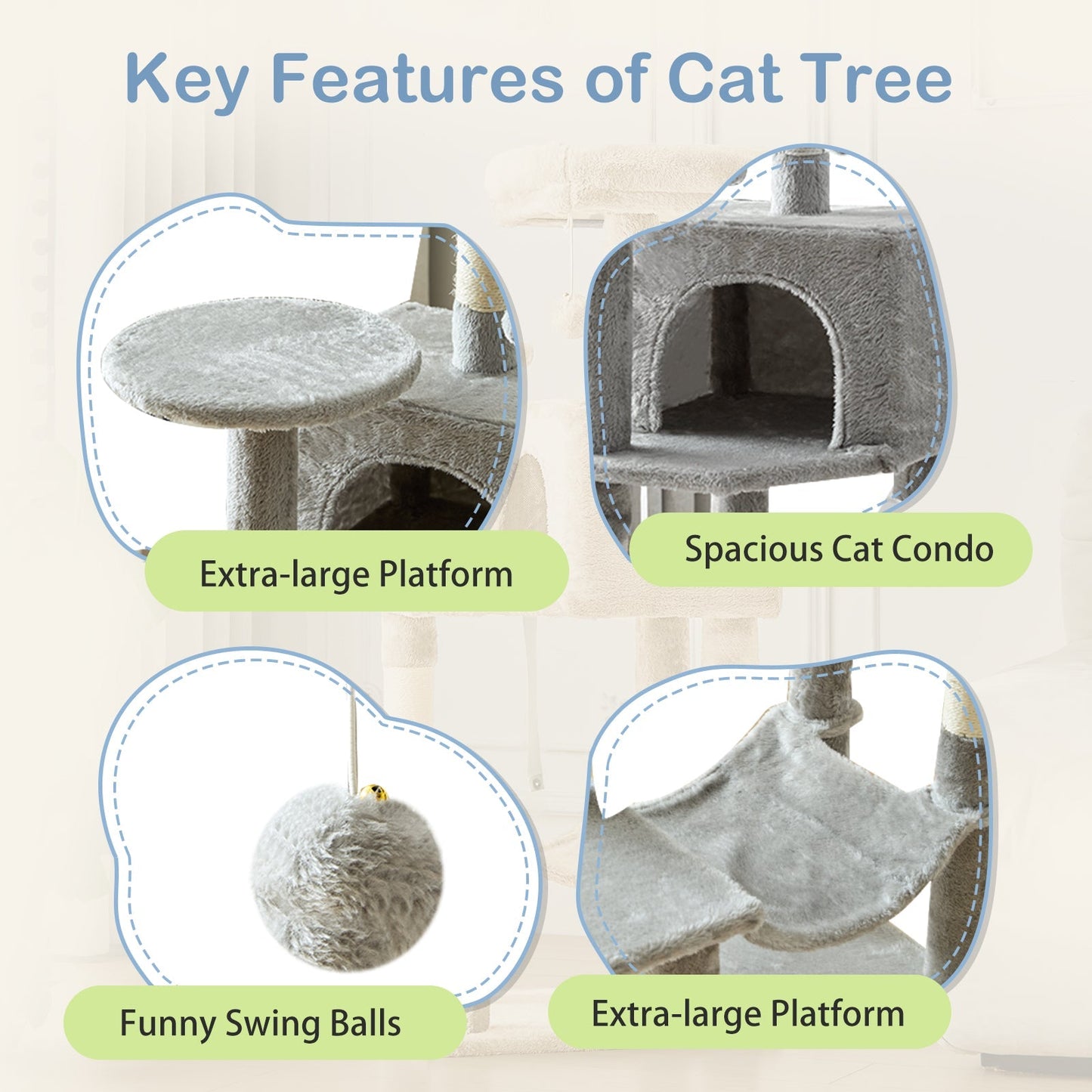 44-Inch Cat Tree Tower with Condo & Hammock – Natural Sisal Scratching Posts, Multi-Level Perches & Pet House for Indoor Cats, Available in Beige, Gray, Pink & Black/Red