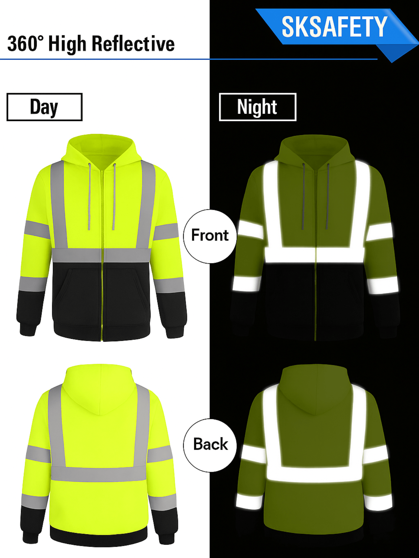 High Visibility ANSI Class 3 Type R Reflective Safety Hoodie Zip-Up Fleece Sweatshirt for Men Women Construction Workwear with Neck Gaiter Fluorescent Yellow