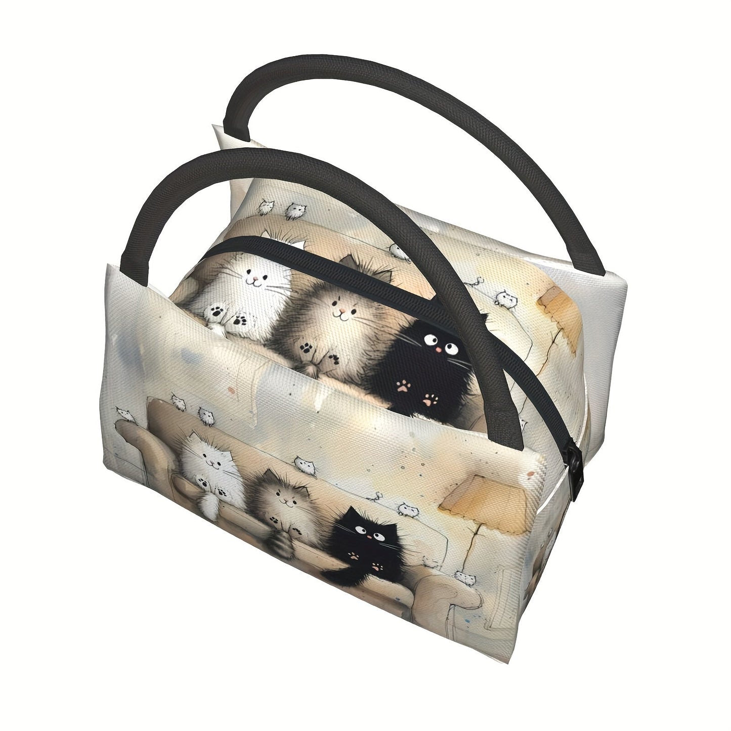 Insulated Lunch Tote Bag with Cute Cat Design – Reusable Polyester Cooler Bag with Zipper Closure, Portable & Easy to Clean, Ideal for Work, Picnics, Beach, Hiking & Everyday On-the-Go Meals