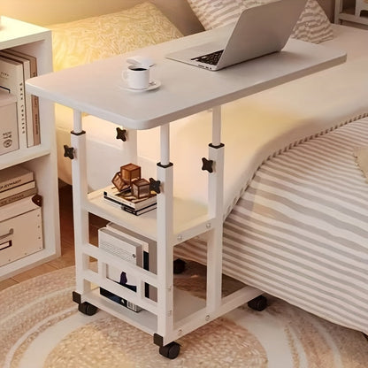 Height Adjustable Rolling Laptop Table with 4 Wheels & Dual Shelves – Mobile Workstation Desk for Bedside Dorm Office Living Room, Sturdy Steel Frame Space-Saving Design