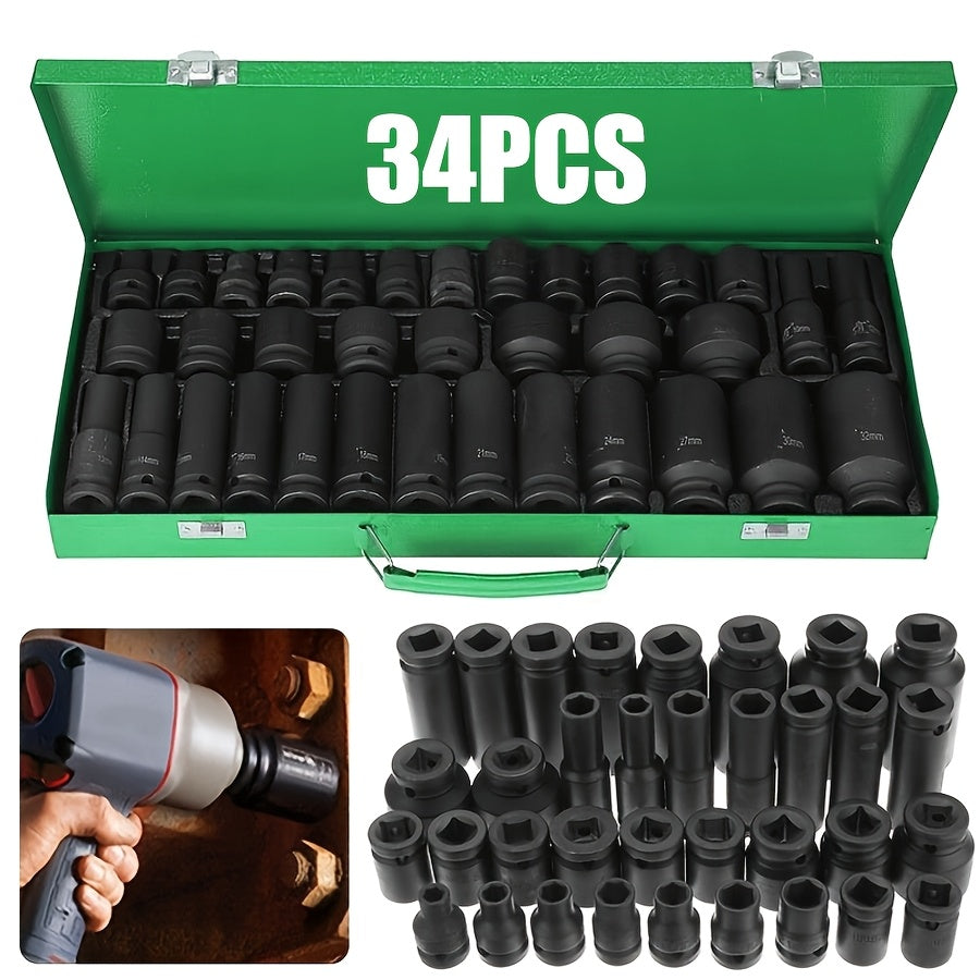 Impact Socket Set CR-V SAE & Metric 6-Point with Ratchet Handle Extension Rod – Choose 34pc 1/2" Drive, 47pc 3/8" Drive, or 53pc Tool Set for Car Repair Home Maintenance & Professional Use