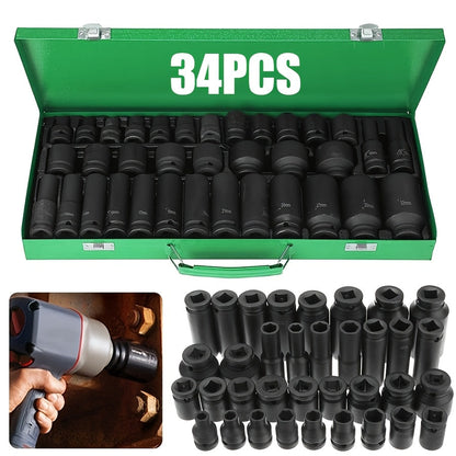 Impact Socket Set CR-V SAE & Metric 6-Point with Ratchet Handle Extension Rod – Choose 34pc 1/2" Drive, 47pc 3/8" Drive, or 53pc Tool Set for Car Repair Home Maintenance & Professional Use