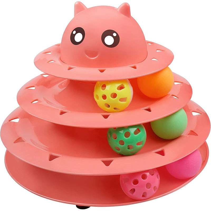 3-Tier Turntable Cat Toy with 6 Colorful Balls – Interactive Mental & Physical Stimulation Toy for Kittens & Cats, Anti-Slip Base, No Battery Needed, Red Green Pink Blue