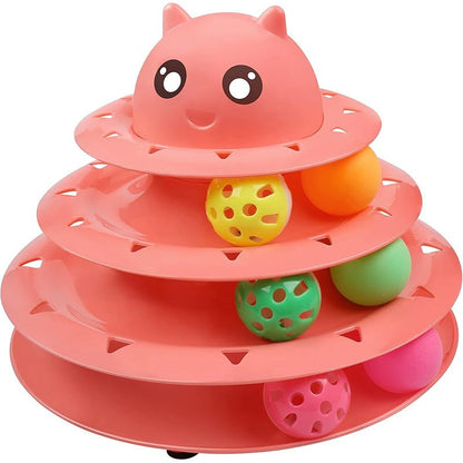 3-Tier Turntable Cat Toy with 6 Colorful Balls – Interactive Mental & Physical Stimulation Toy for Kittens & Cats, Anti-Slip Base, No Battery Needed, Red Green Pink Blue