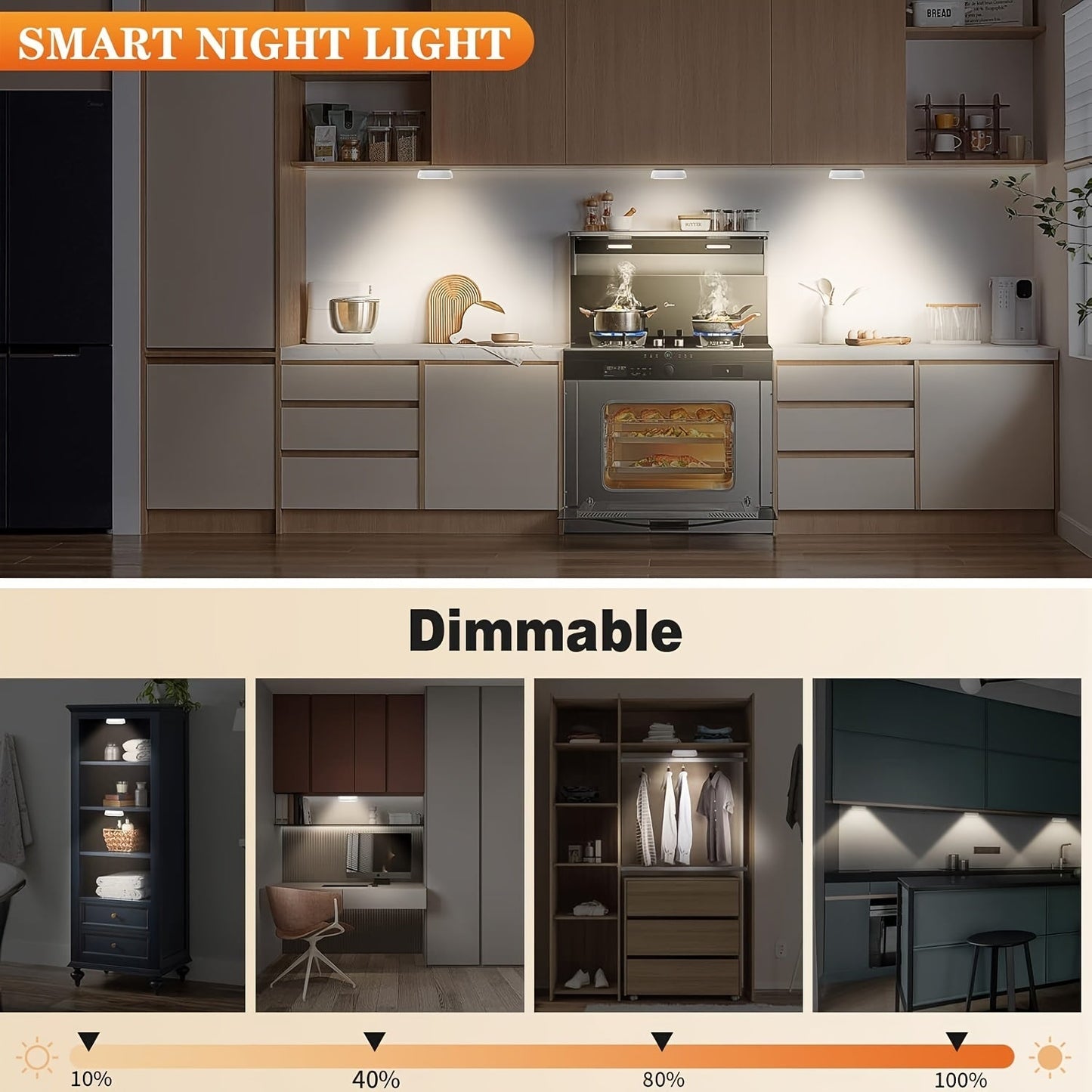 LED Motion Sensor Night Lights USB Rechargeable Wireless Dual Mode Adjustable Brightness Magnetic Mount – Under Cabinet Kitchen Hallway Stairs Closet 6 or 12 Pack