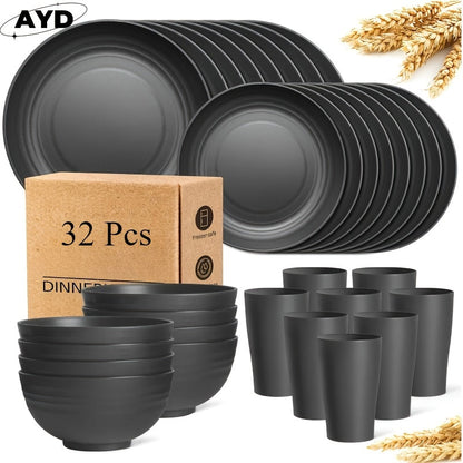 Wheat Straw Dinnerware Set 16 or 32 Piece Unbreakable Lightweight Dish Set with Dinner Plates Dessert Plates Bowls and Cups Dishwasher Microwave Safe Modern Kitchen Tableware Gift for Thanksgiving Christmas