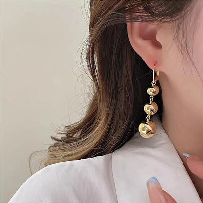 S925 Sterling Silver Triple Ball Drop Dangle Earrings for Women – Retro French Long Design, Elegant Vintage Style, Gold & Silver Tone