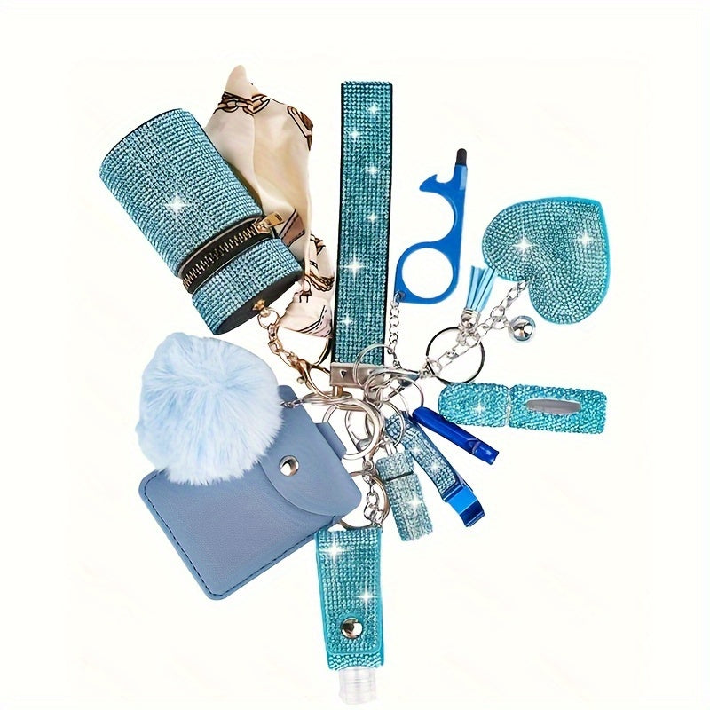 11-Piece Women's Rhinestone Keychain Set – Multifunctional Keyring with Card Holder, Pill Bottle, Whistle, Perfume Bottle & Storage Bag, Perfect Gift for Ladies
