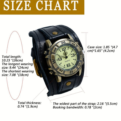 Vintage Steampunk Wide Leather Strap Analog Quartz Watch for Men Women – Unisex Biker Style Round Case, Dark Brown Black Brown, Halloween Christmas Father's Day Gift
