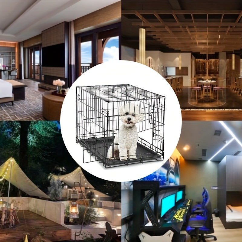 Folding Metal Wire Dog Crate Double Door with Divider Panel Leak-Proof Pan Tray Pet Kennel Indoor Outdoor Travel Small Medium Large XL Dogs 4 Sizes