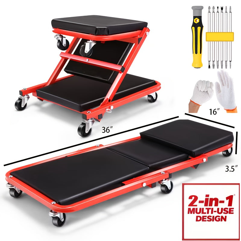 36 Inch Folding Mechanic Creeper Z-Crawl Board with 6 Swivel Wheels – Adjustable Load Board Car Crawl Seat with Tool Kit, Deck Repair & Tire Repair Accessories, DIY Auto Mechanic Gift for Men, Husbands & Car Enthusiasts