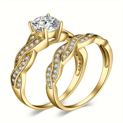 925 Sterling Silver Infinity Knot Bridal Ring Set of 2 for Women – Round Cut Cubic Zirconia Stackable Wedding Engagement Rings, Silver & Gold, Sizes 4-12