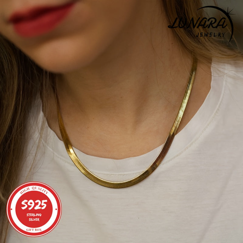 24K Gold Plated Herringbone Snake Chain Necklace 925 Sterling Silver 3.5mm Flat Chain for Women Men Gift Box Included 18-24 Inch