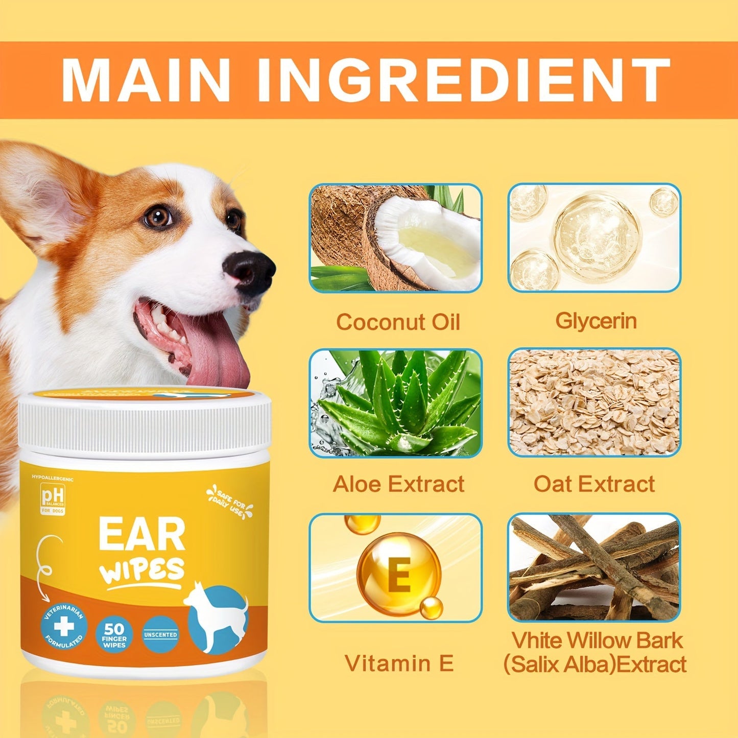 Dog Ear Cleaner Wipes with Finger Wipe Design - Soothing Deodorizing Itch Relief Coconut Scent Pet Ear Cleaning Wipes for All Dog Breed Sizes, Gentle and Easy to Use at Home